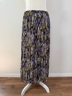TANJAY Abstract print pleated Chiffon Midi Skirt Lined Pull on Multicolor L